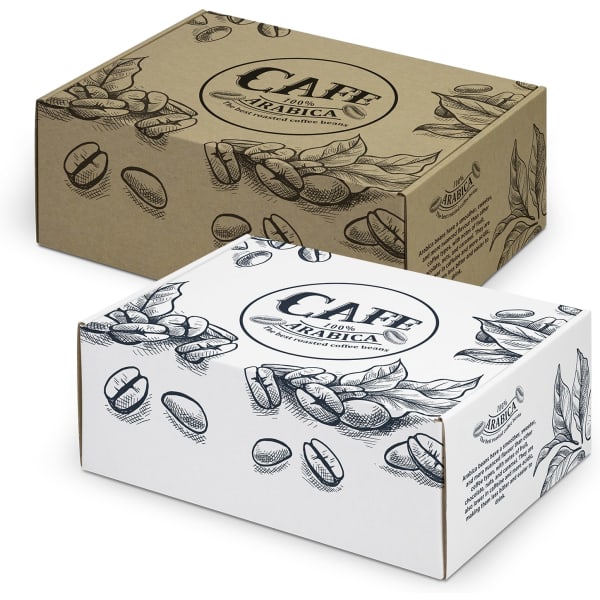 A die cut box with a locking lid, available in brown and white, featuring coffee bean illustrations and a logo.