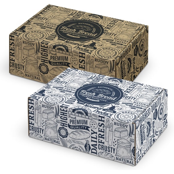 A die cut box with a locking lid, featuring brown and white patterned designs, both with branding elements.
