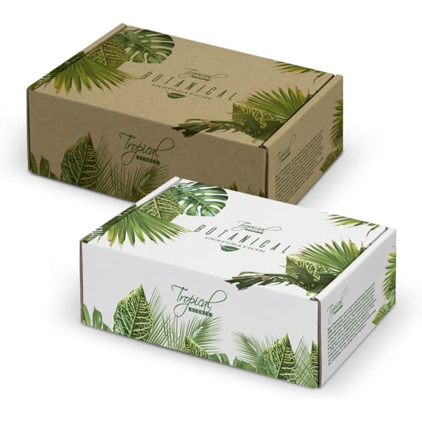 A set of two die cut boxes with locking lids, featuring tropical leaf designs in natural and white colours. Each box has a logo.