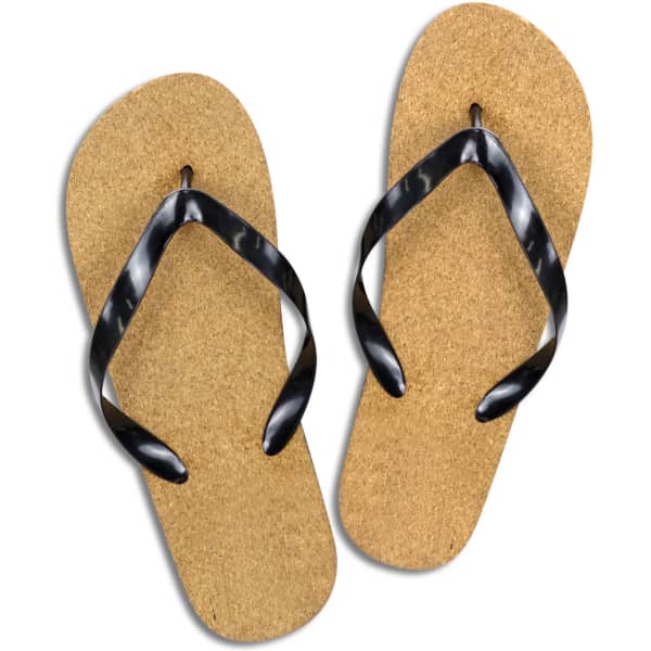 A pair of black thong-style flip flops with a cork sole, featuring a simple design.