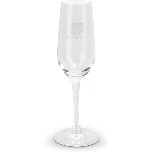 A clear champagne flute featuring a tall stem and a branded logo, perfectly suited for celebrations.