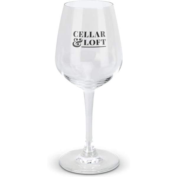 A clear wine glass with a tapered bowl and a long stem, featuring a logo on the front.