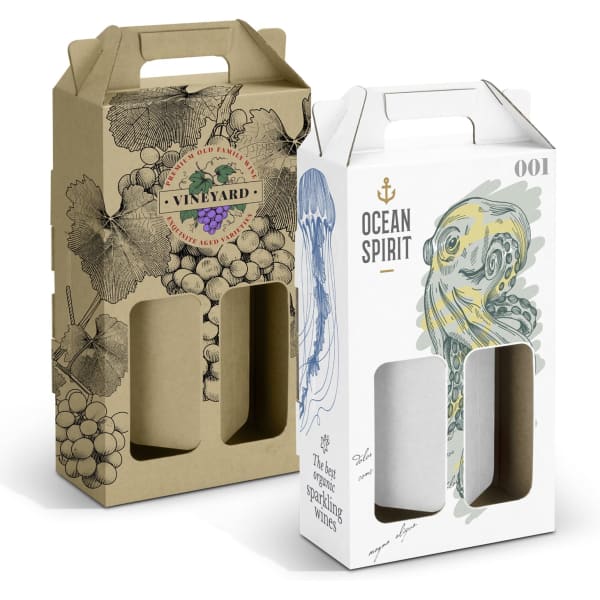 A double wine carry pack in beige and white, featuring illustrations and windows to showcase the bottles inside.