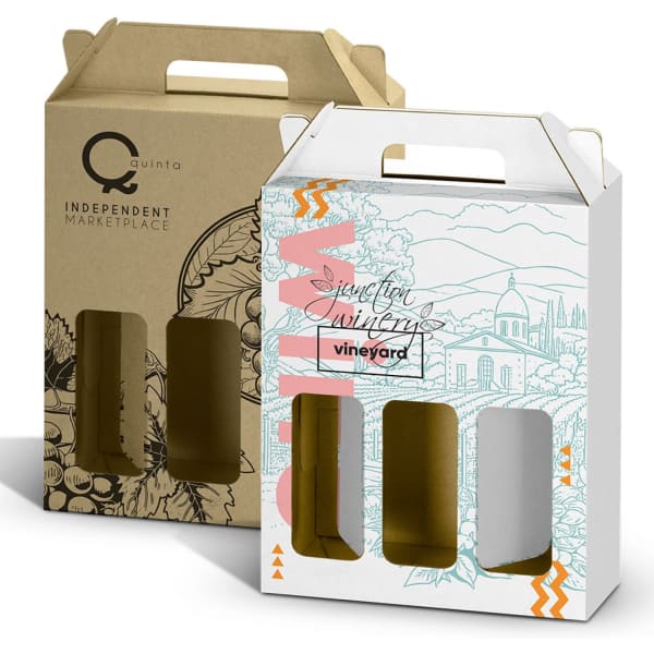 A wine carry pack with a decorative design, featuring three compartments for bottles. Available in brown and white.