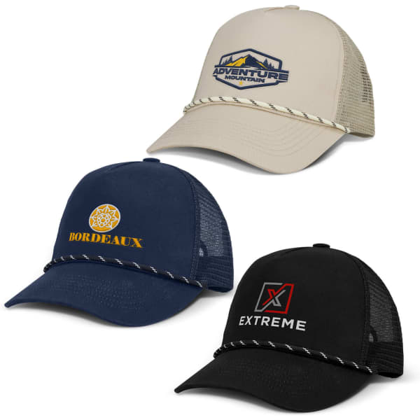 Three trucker caps in beige, navy, and black, each featuring a distinct logo and a decorative rope around the brim.