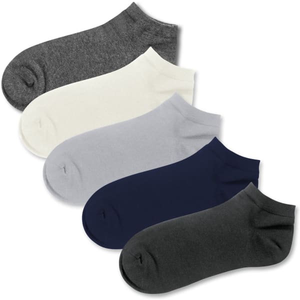 A display of ankle socks in grey, white, light grey, and navy, featuring a logo on the design.