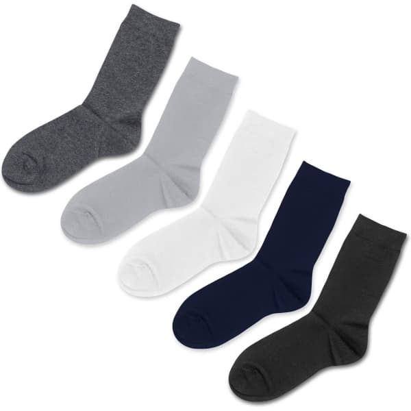 A selection of socks in grey, light grey, white, navy, and dark grey, featuring a logo.