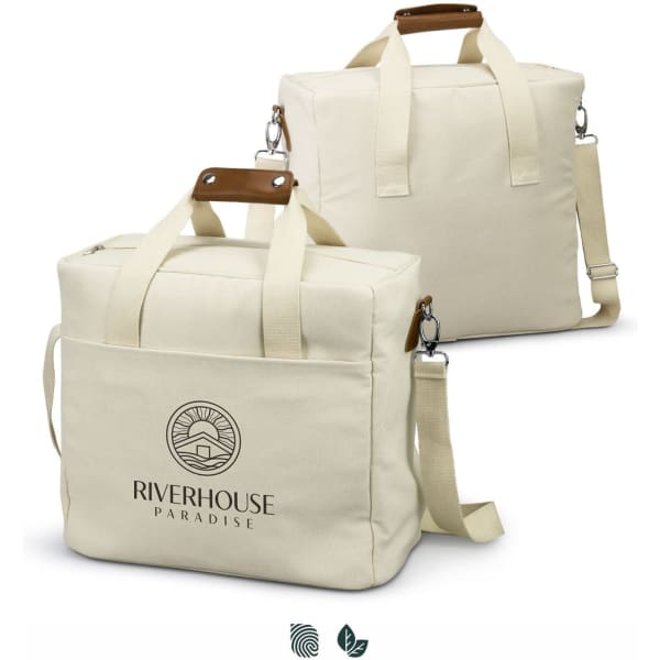 A cream cooler tote bag with brown leather handles, featuring a logo on the front. Shows front and back views.