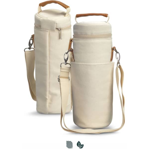 A cream wine cooler bag with a handle and adjustable strap, featuring a side pocket and a logo.