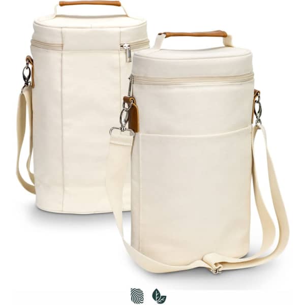 A double wine cooler bag in cream colour with a shoulder strap and a front pocket. Features a logo.