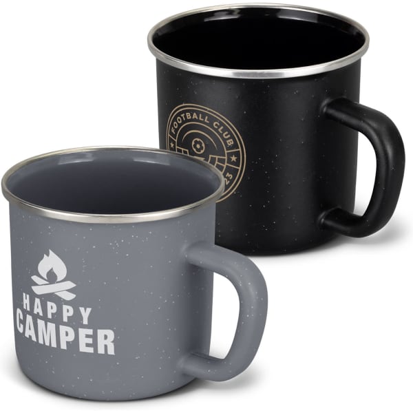 A matte enamel mug set featuring a grey mug with text and a black mug with a logo, both with a metallic rim.