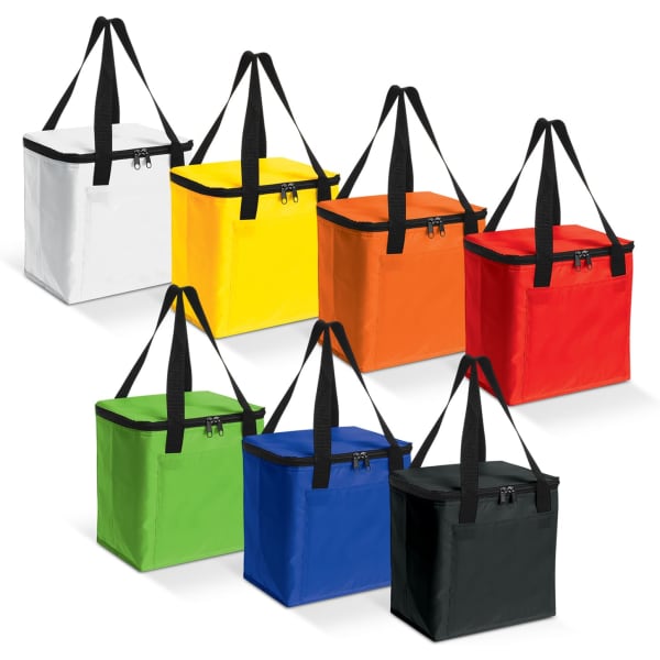 A collection of cooler bags in white, yellow, orange, red, green, blue, and black, all featuring zip closures and black handles.