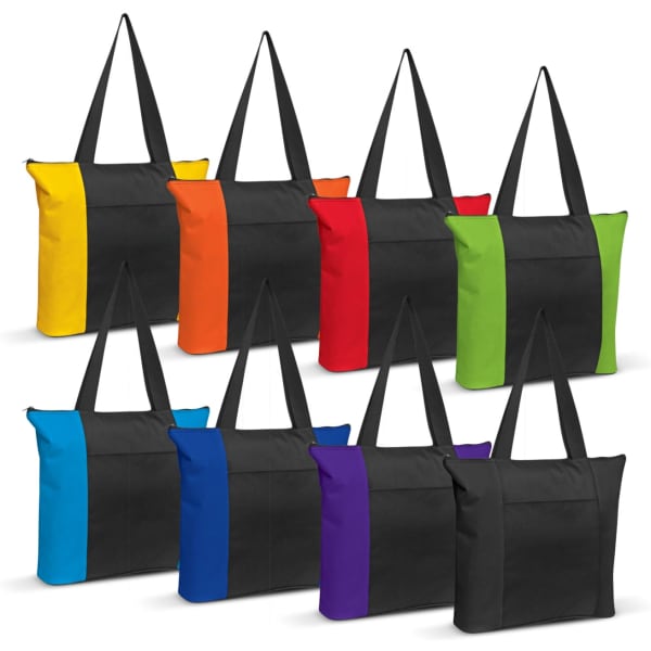 Avenue Tote Bags in a variety of colours including yellow, orange, red, green, blue, and purple with black accents and straps.