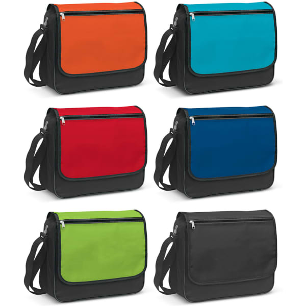 A collection of Soho Messenger Bags in orange, blue, red, green, and black, featuring a contrasting black base and a logo.