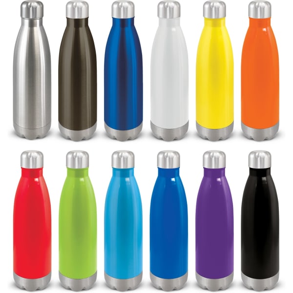 A drink bottle collection featuring colours such as silver, black, white, blue, orange, yellow, green, red, purple, and brown, with metal lids.