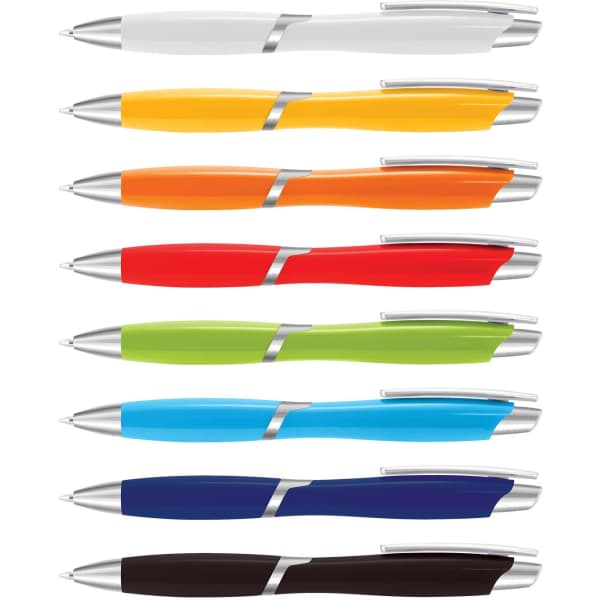 A selection of plastic pens in white, yellow, orange, red, green, blue, navy, and black, featuring a sleek design and silver accents.