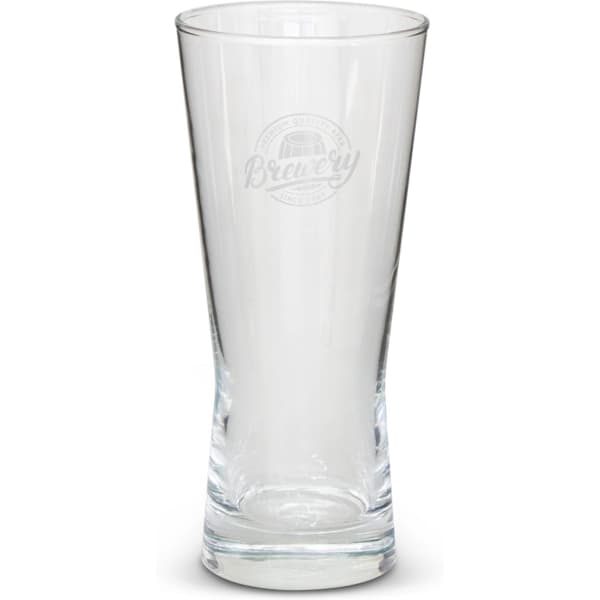 A clear glass beer glass with an imitation etch design and a round base. It features a logo.