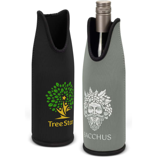 A drink bottle cooler in black and green, featuring logos on each side, designed for holding wine bottles.