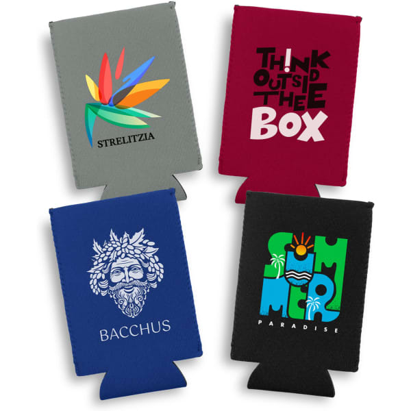 A drink cooler set featuring four different designs in various colours, each with unique graphics and a logo.
