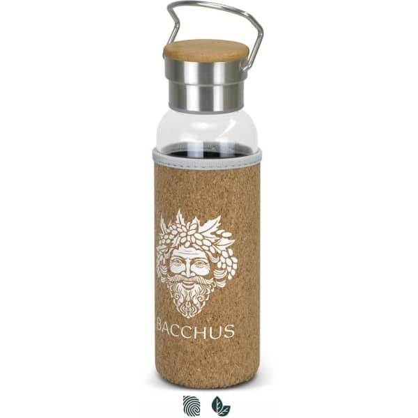A drink bottle with a clear glass body, cork sleeve, and a stainless steel cap featuring a logo design.