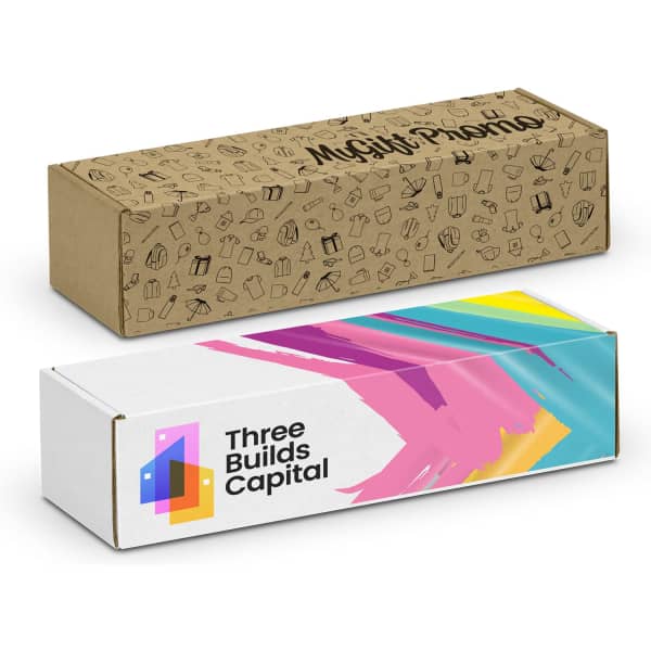Two die cut boxes with locking lids; one brown with patterned graphics, the other white featuring vibrant design and branding.