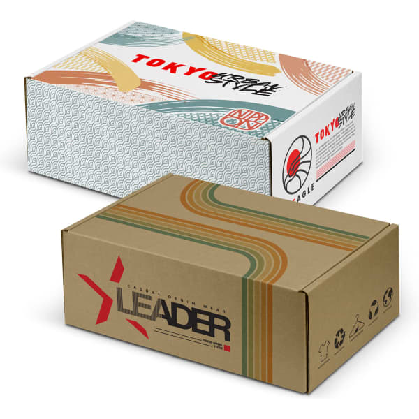 Two die cut boxes with locking lids, one featuring a colourful abstract design and the other in a brown colour with branding.