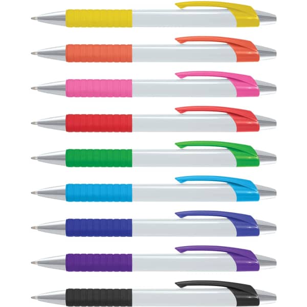 A set of plastic pens with white barrels and colourful grips, featuring various colours including pink, green, and blue. Each has a branding logo.