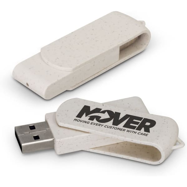 A white 8GB flash drive with a clip design and a logo on the side.