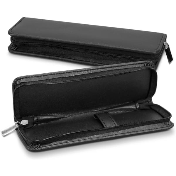 A sleek black pen presentation case with a zip closure and an open compartment for storing pens.