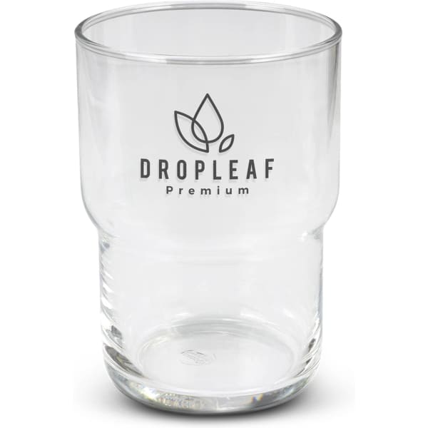 A clear glass tumbler featuring a logo, designed with a stackable shape, holds 460ml.