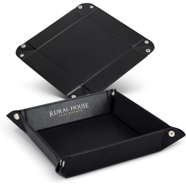 A black leather valet tray with silver snap fasteners and a branded interior.