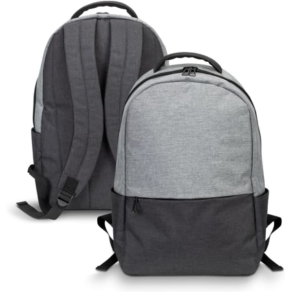 A grey and black backpack featuring a zippered closure and adjustable straps, with a logo on one side.
