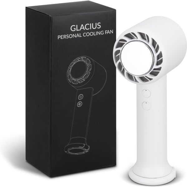 A white personal cooling fan stands beside its black packaging, featuring a logo on the box.