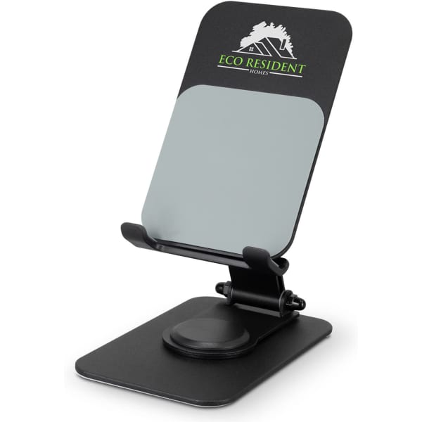 A black metal phone and tablet stand with a grey backing and a logo on the front.