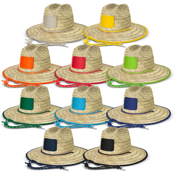A collection of straw hats in various colours, each featuring a decorative band and a blank patch for branding.