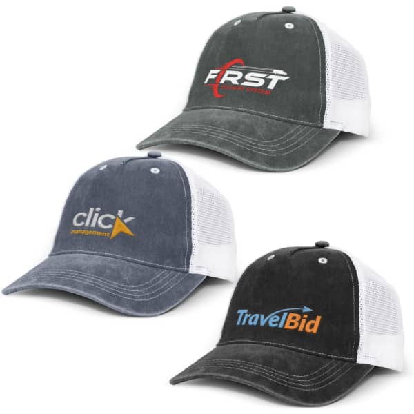 Three faded trucker caps in grey, navy, and charcoal, each featuring a logo on the front.