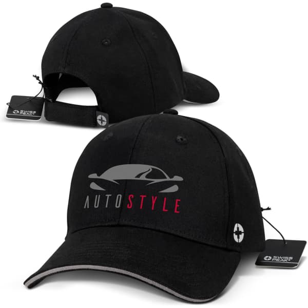 A black six-panel cap featuring a logo, with a curved brim and an adjustable strap at the back.