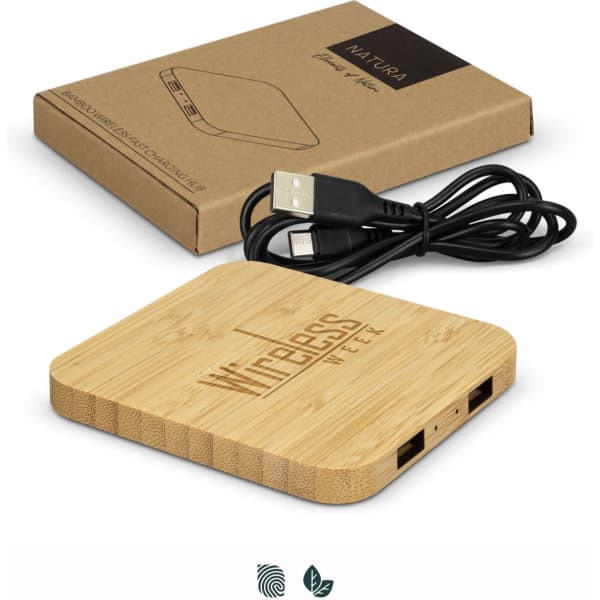 A bamboo wireless fast charging hub with a USB cable, presented alongside a brown packaging box. It features a logo.
