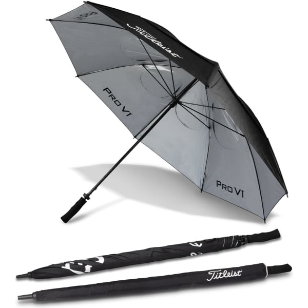 A black and grey double canopy golf umbrella with a logo, featuring a comfortable handle and sleek design.