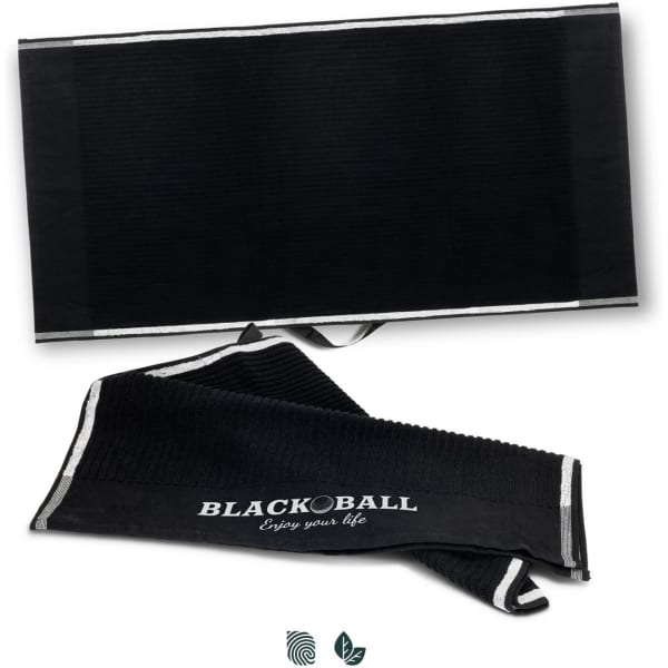 A black golf towel featuring a textured design and a logo. It is folded with a hanging loop.