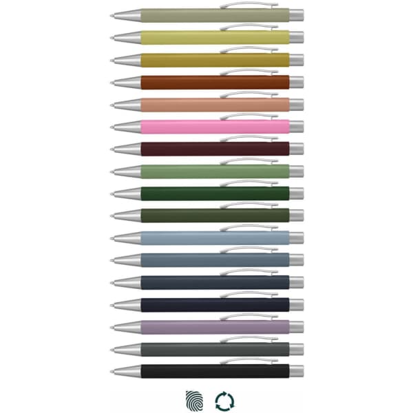 A selection of Lancer Fashion Pens in various colours, featuring metal accents and a logo.