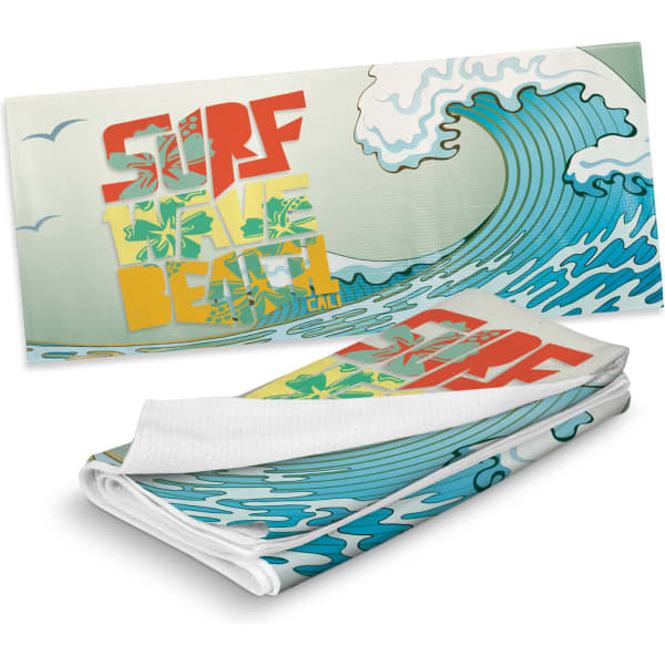 A full-colour sand-free towel featuring a vibrant surf and beach design with blue waves and bright lettering.