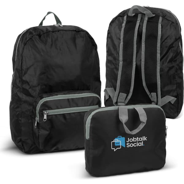 A foldable backpack in black with grey accents, featuring a main compartment, front pocket, and adjustable straps.