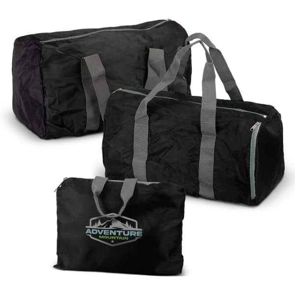A black foldable duffle bag with grey straps and a logo. It displays three sizes of the bag.