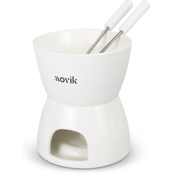 A white mini fondue set featuring a bowl, metal skewers, and a base for heating. Includes a branding logo.