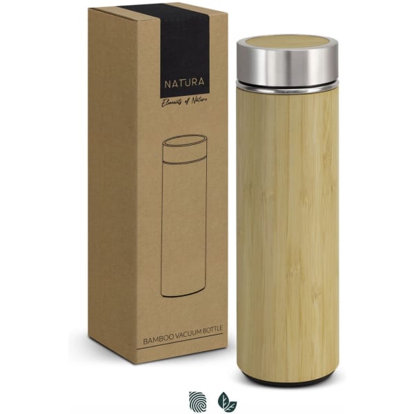 A drink bottle with a bamboo exterior and stainless steel lid, displayed beside its kraft paper packaging.