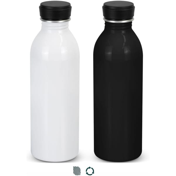 A drink bottle duo featuring one white and one black recycled aluminium design, each with a silver cap and logo.