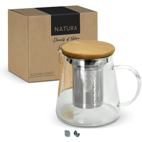 A glass teapot with a bamboo lid and stainless steel infuser, presented with a branded box.