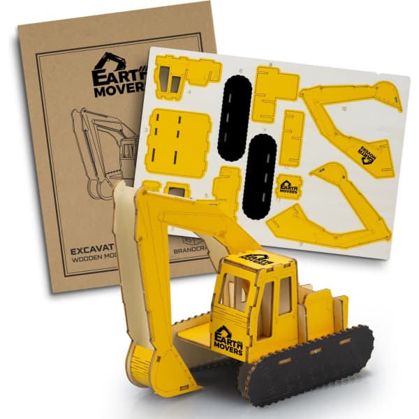 A yellow wooden model excavator with attached puzzle pieces and a cardboard backing featuring a logo.