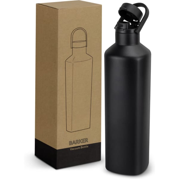 A drink bottle in matte black packaging, featuring a hinged lid and a minimalist design. The box has a simple outline illustration.